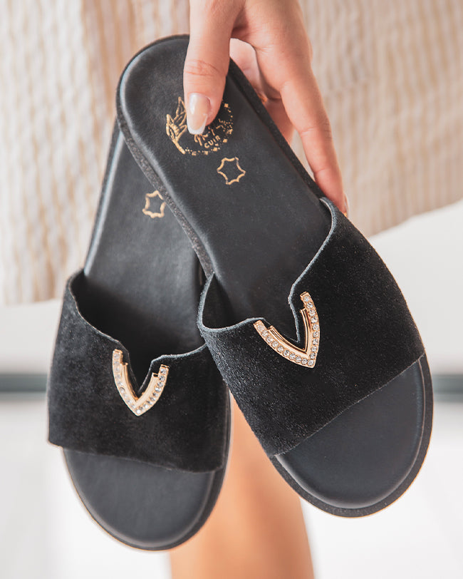 Sandale plate en cuir noire femme - MJNP-88 - Casualmode.fr