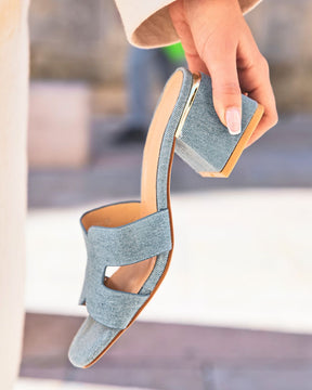 Sandale femme mule talon carré bleu jeans - Sophie - Casualmode.fr
