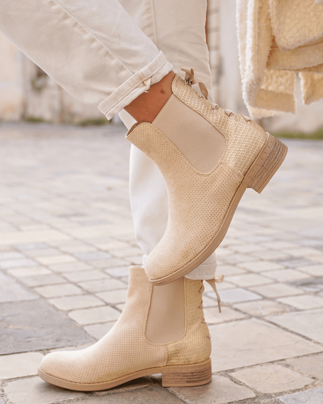 Bottines femme beige avec ruban - Constance - Casualmode.fr