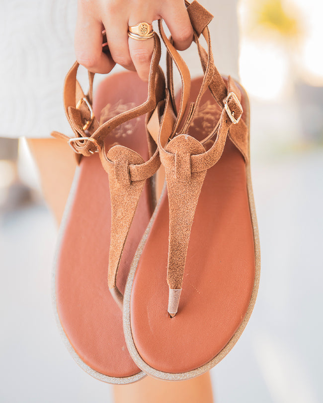 Sandale plate en CUIR Camel - femme - MJNP-85 - Casual Mode