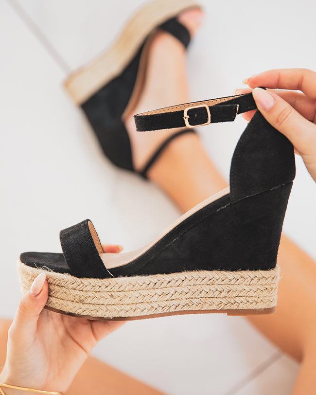 Sandale femme compensée noire daim et corde - Ninon - Casual Mode