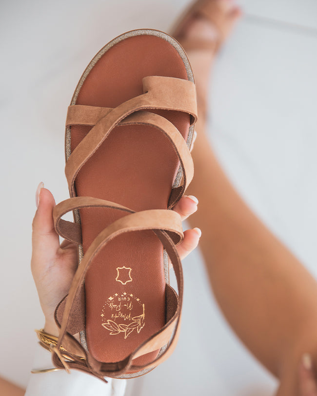 Sandale plate en cuir camel pour femme - MJNP100 - Casual Mode