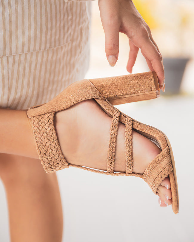 Sandale talon carrée femme tressée camel - CASUAL02 - Casual Mode