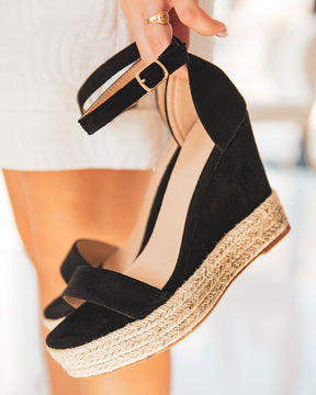 Sandale femme compensée noire daim et corde - Ninon - Casual Mode